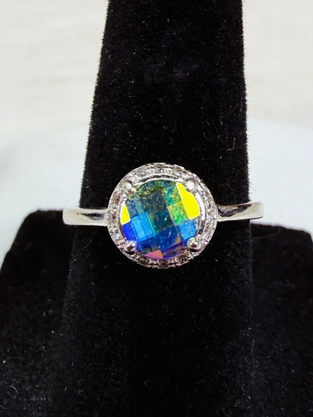 Silvertone Halo Ring with Multicolor Aurora Crystal size 5